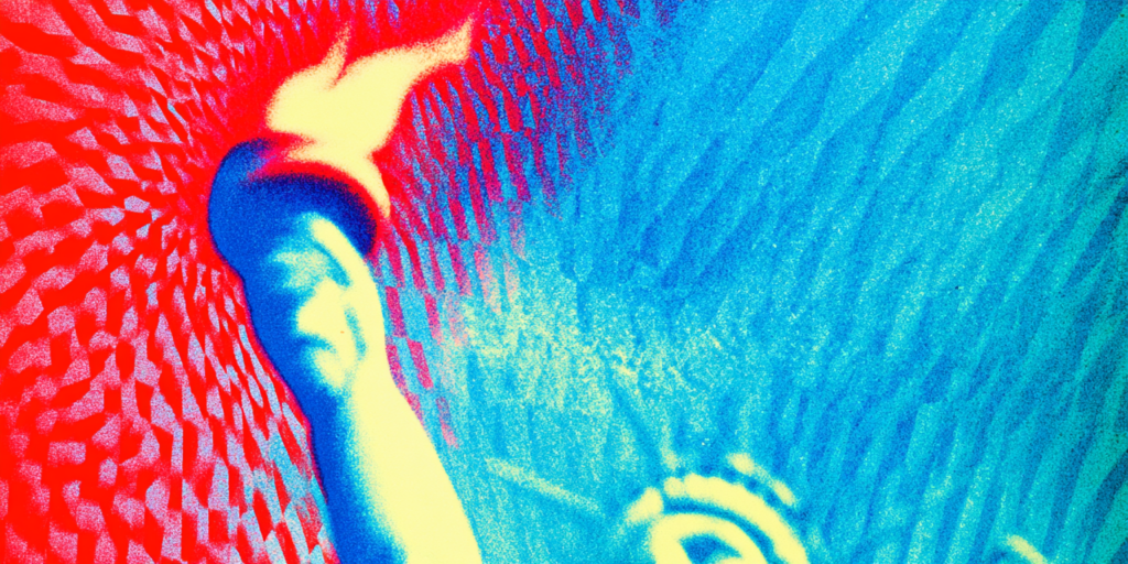 Stylized halftone image of the Statue of Liberty torch.