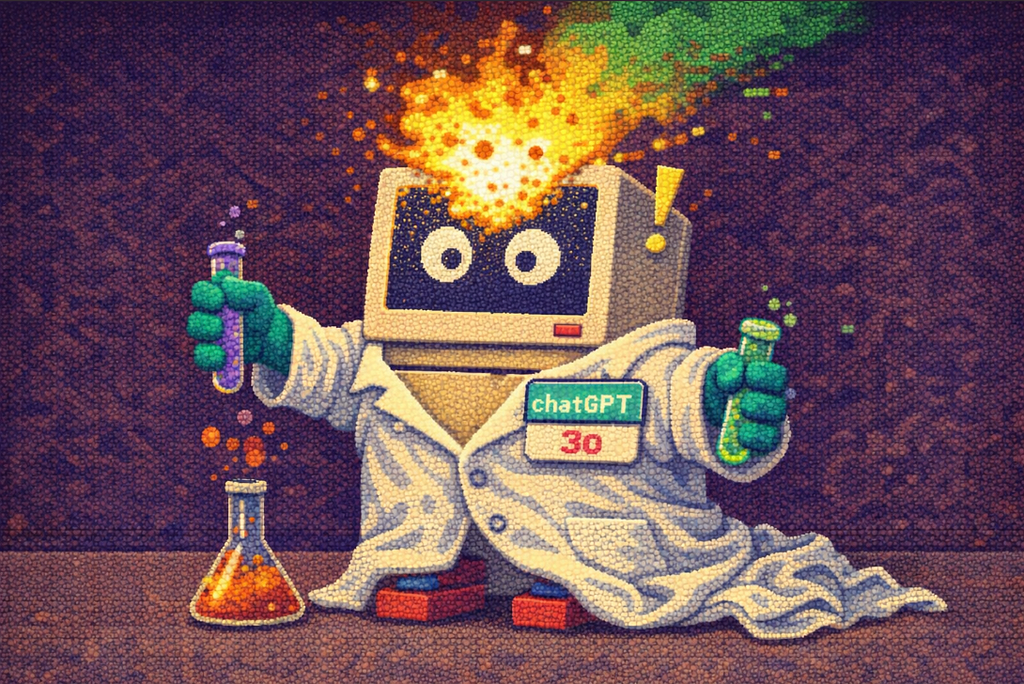 Pixel-art robot working with a bubbling flask and a stack of papers, labeled ChatGPT 4o.