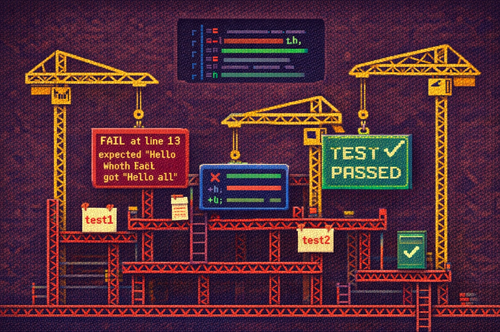 Pixel-art construction cranes moving code panels between a failed test and a passed test.