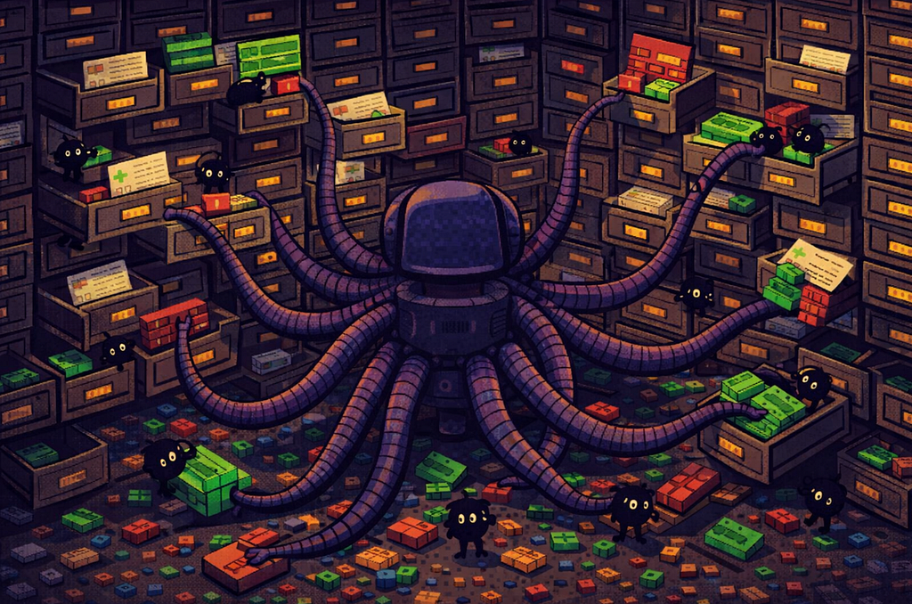 Pixel-art octopus operating a wall of drawers and terminals.