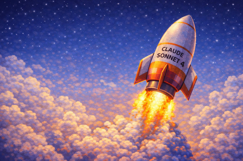 Pixel-art rocket labeled Claude Sonnet 4 taking off through clouds.