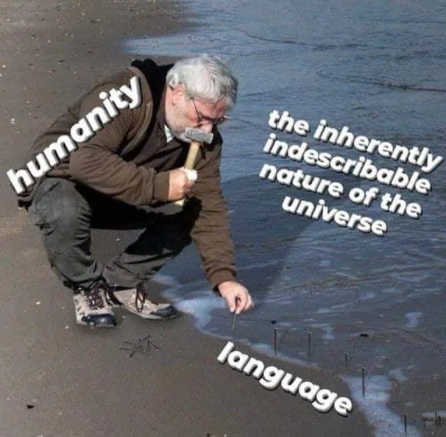 A person labeled “humanity” uses a small object labeled “language” to scoop from water labeled “the inherently indescribable nature of the universe.”